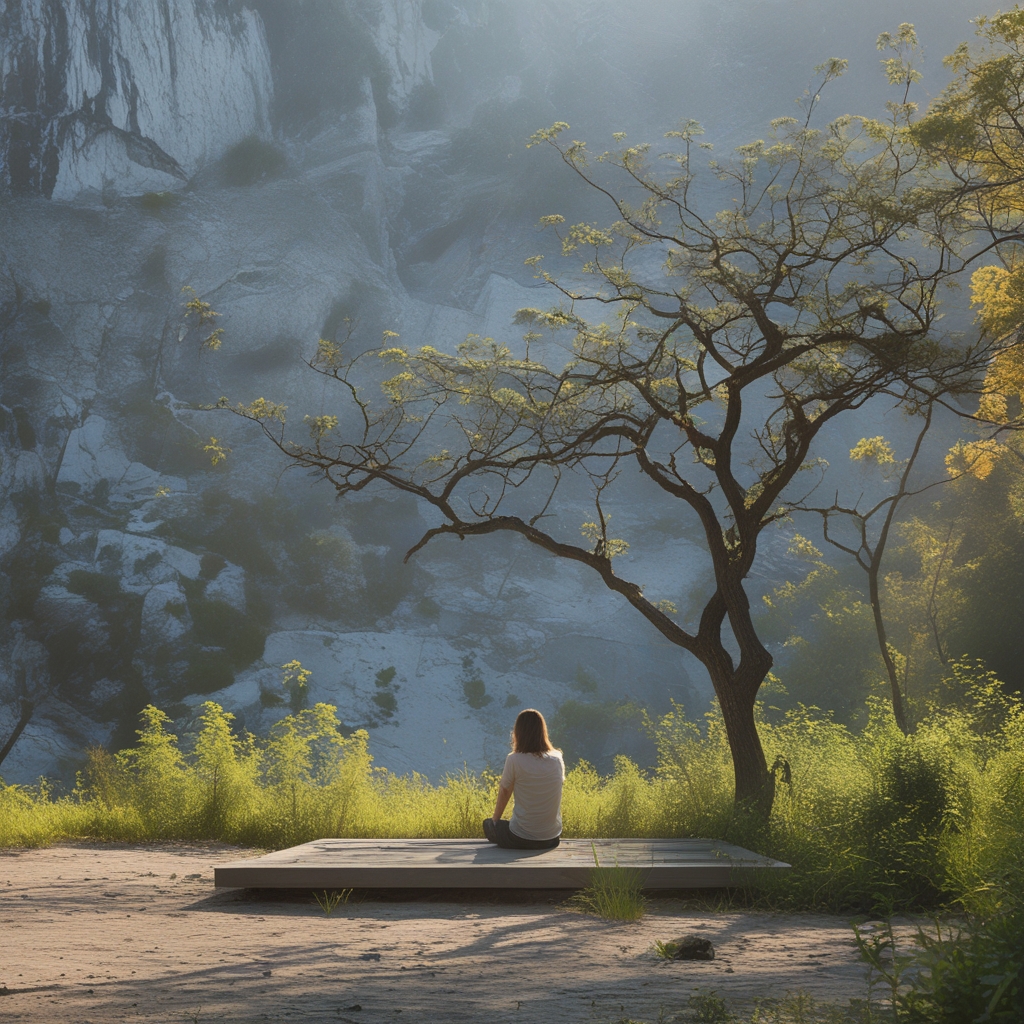 Osoba stojąca boso na drewnianej podłodze w jasnym, minimalistycznym pomieszczeniu, wyciągająca ramiona w naturalnej, płynnej pozie z zamkniętymi oczami, ciepłe naturalne światło wpadające przez okno