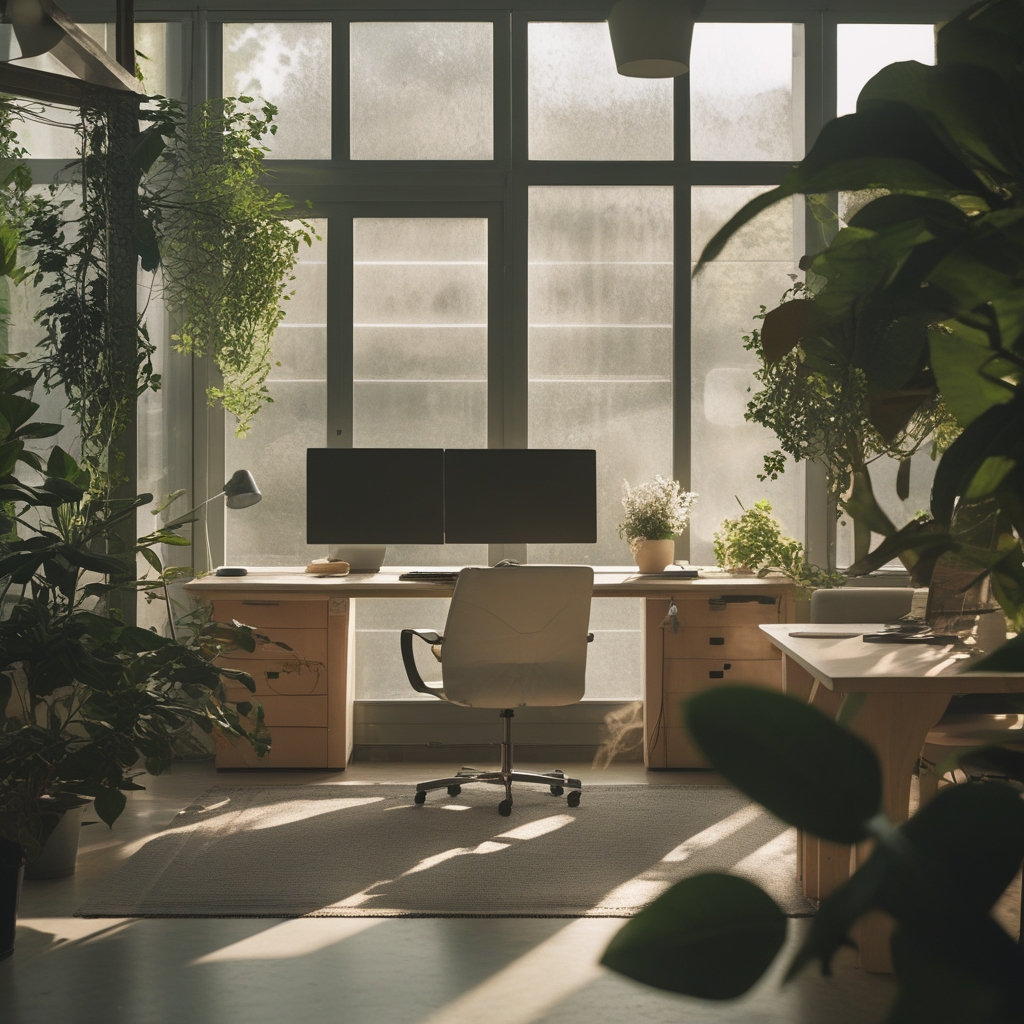 Widok z góry na biurko z ergonomicznym krzesłem, na którym siedzi osoba w wyprostowanej pozycji, monitor na właściwej wysokości, naturalne drewniane biurko z rośliną, przestronne jasne biuro