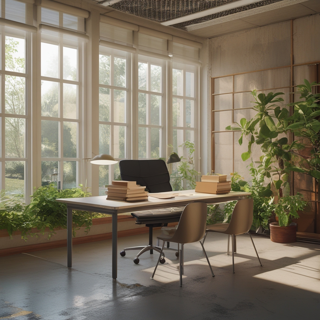 Jasne, przestronne biurko z otwartymi książkami i notatnikami, miękkie naturalne oświetlenie z boku, drewniana powierzchnia, roślinność w tle, spokojna akademicka atmosfera pracy badawczej