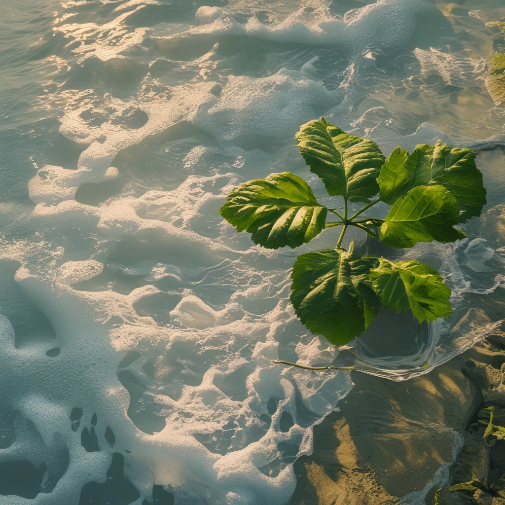 Szklanka czystej wody na drewnianym stole obok zielonej rośliny, naturalne światło z okna, spokojne i czyste tło kuchenne