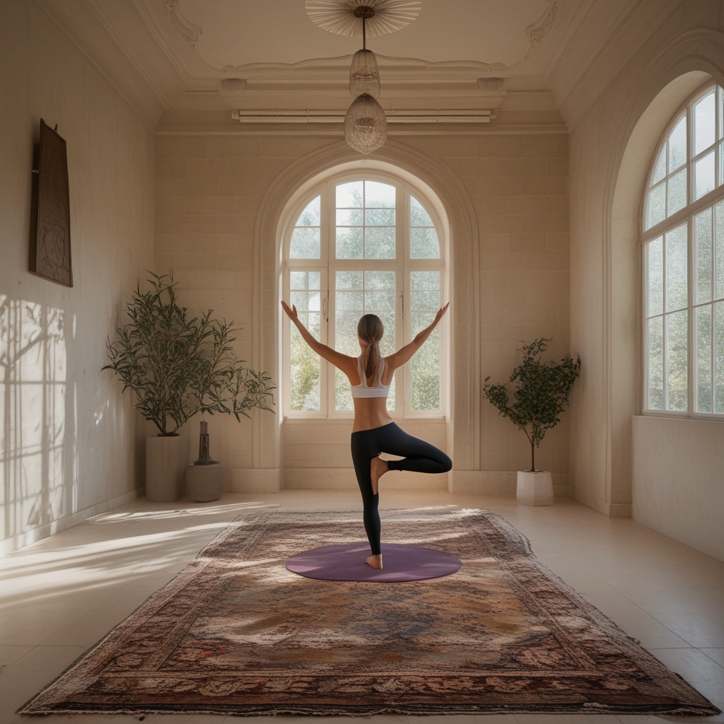 Osoba w pozycji wojownika jogi ćwicząca na macie w przestronnym salonie z dużymi oknami i naturalnym światłem, spokojne otoczenie z roślinami doniczkowymi